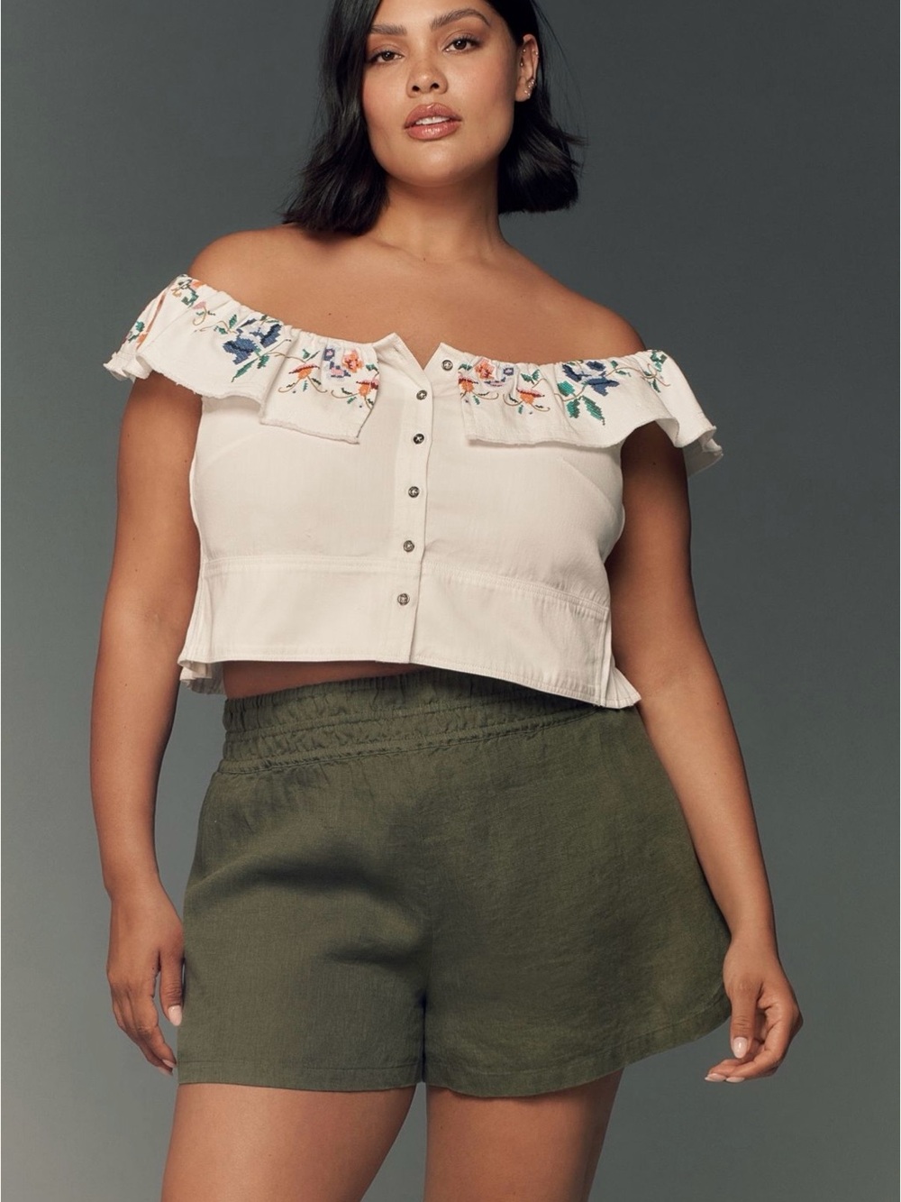 Pilcro Embroidered Ruffle-Sleeve Button Front Top - Picture 3 of 7